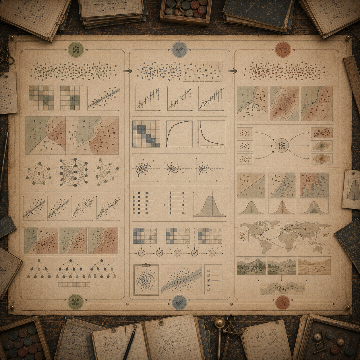 A restrained scholarly illustration of a vintage machine-learning workflow chart with training data, testing panels, validation checkpoints, prediction boundaries, generalization regions, notebooks, rulers, and archival tools representing training, testing, and generalization.