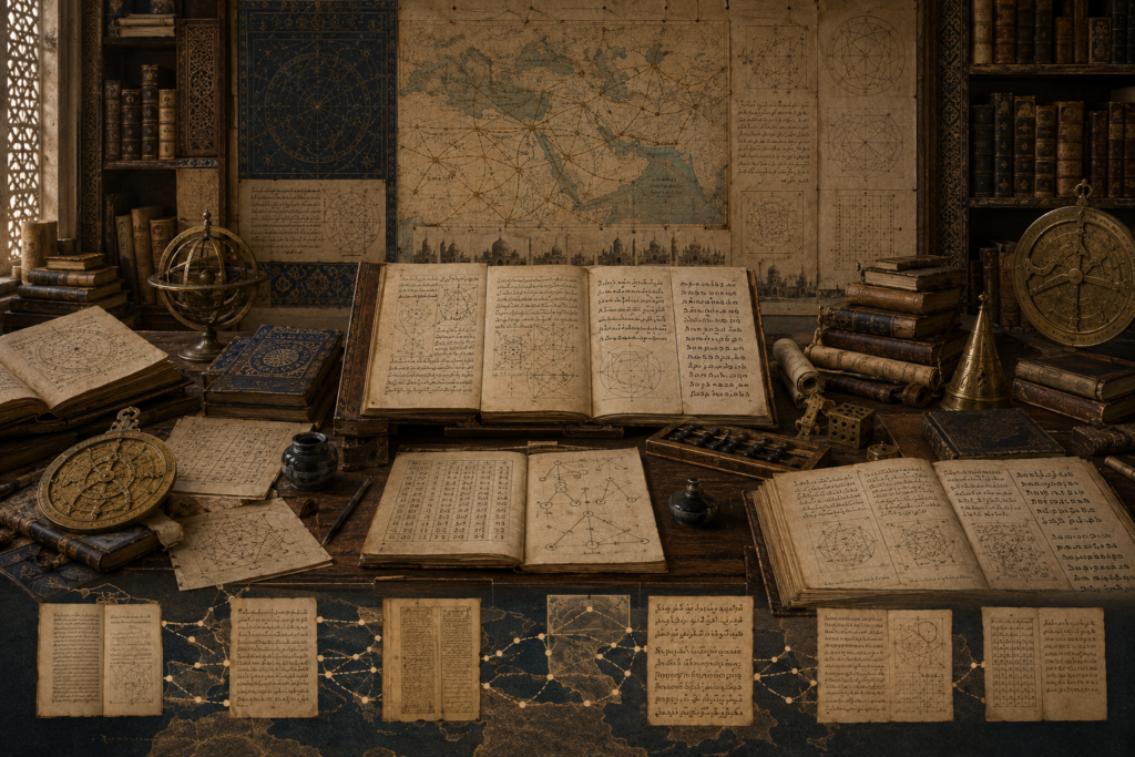 A restrained scholarly illustration of a medieval Islamic study with multilingual manuscripts, maps, geometric diagrams, astronomical instruments, calculation tables, books, and transmission routes representing translation movements and computational knowledge transfer.