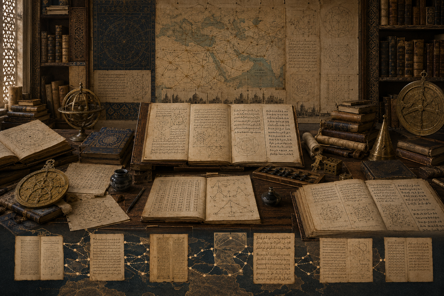 A restrained scholarly illustration of a medieval Islamic study with multilingual manuscripts, maps, geometric diagrams, astronomical instruments, calculation tables, books, and transmission routes representing translation movements and computational knowledge transfer.