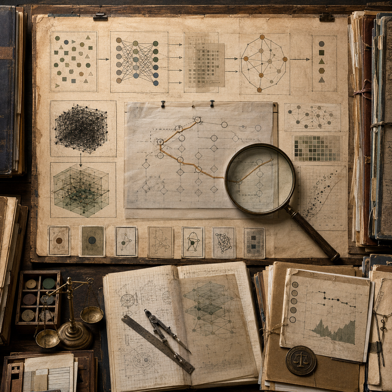 A restrained scholarly illustration of a vintage research desk with layered model diagrams, magnifying glass, transparent overlays, decision pathways, network structures, notebooks, rulers, and archival tools representing transparency, explainability, and interpretability.