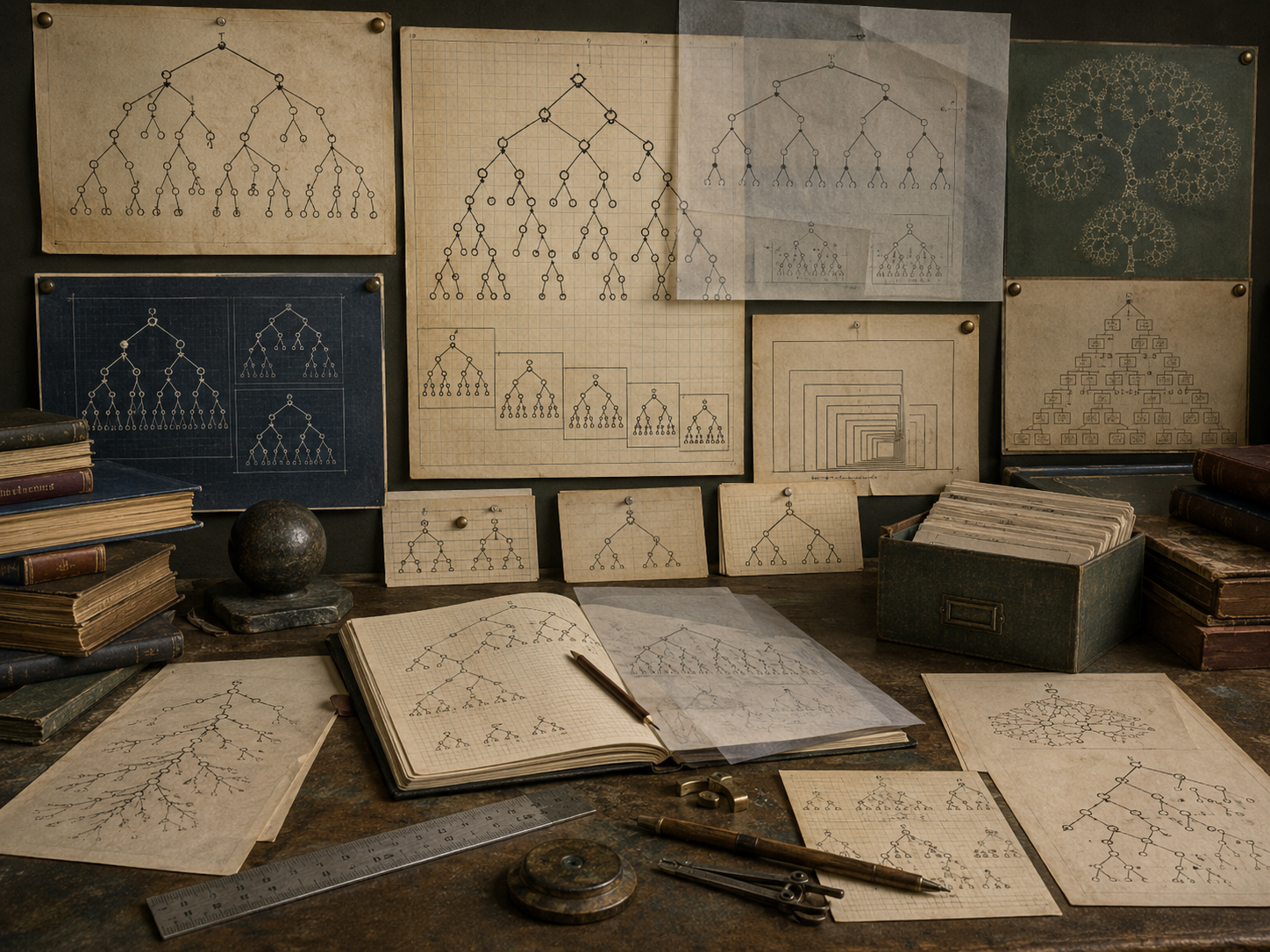 A restrained scholarly illustration of an institutional research workspace covered with tree diagrams, branching hierarchies, recursive patterns, notebooks, pinned papers, rulers, and archival materials.