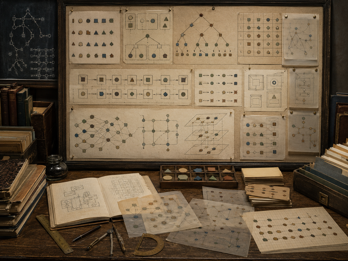 A restrained scholarly illustration of a vintage academic workspace with symbolic shapes, type-like categories, structured diagrams, validation pathways, notebooks, archival files, rulers, and drafting tools representing type systems and computational representation.