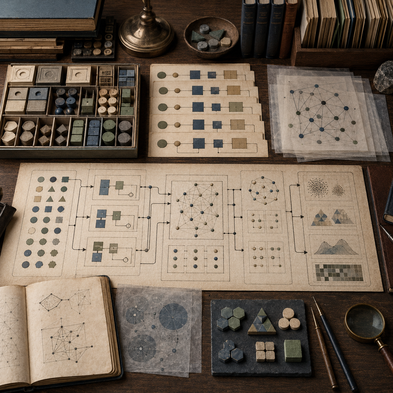 Archival systems modeling workspace with typed record cards, modular tokens, functional workflow diagrams, network structures, notebooks, translucent overlays, and drafting tools representing Haskell-style functional modeling without labels or text.