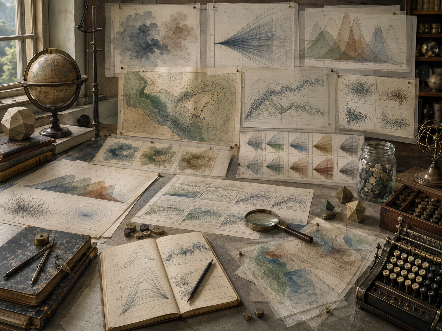 Editorial illustration of a scholarly modeling workspace with uncertainty clouds, probability distributions, fan charts, ensemble trajectories, layered overlays, and analog research tools.