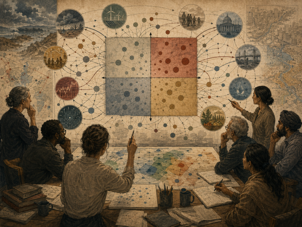 A diverse foresight group maps key drivers of change across an uncertainty matrix with interconnected social, ecological, technological, and institutional systems.