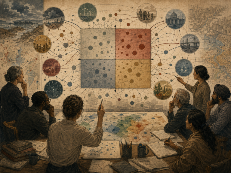 A diverse foresight group maps key drivers of change across an uncertainty matrix with interconnected social, ecological, technological, and institutional systems.