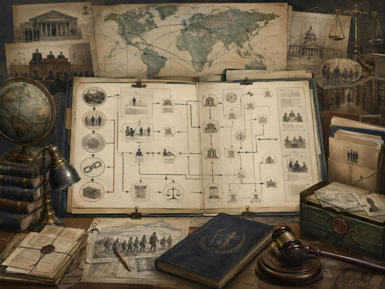 Scholarly illustration of a universal jurisdiction legal dossier with global maps, court pathways, evidence files, jurisdictional links, tribunal imagery, scales, law books, and archival accountability records.