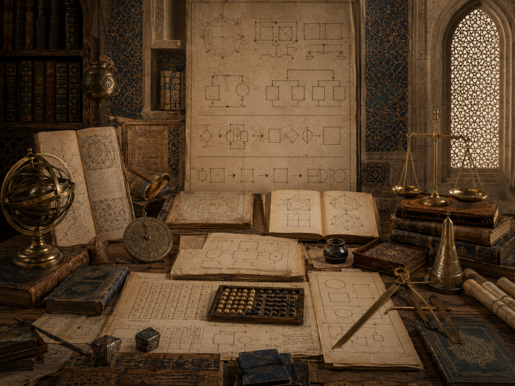 A restrained scholarly illustration of a medieval Islamic study with geometric diagrams, unknown quantities, balancing structures, manuscripts, calculation tables, astronomical instruments, books, and symbolic tools representing variables and Islamic mathematical philosophy.