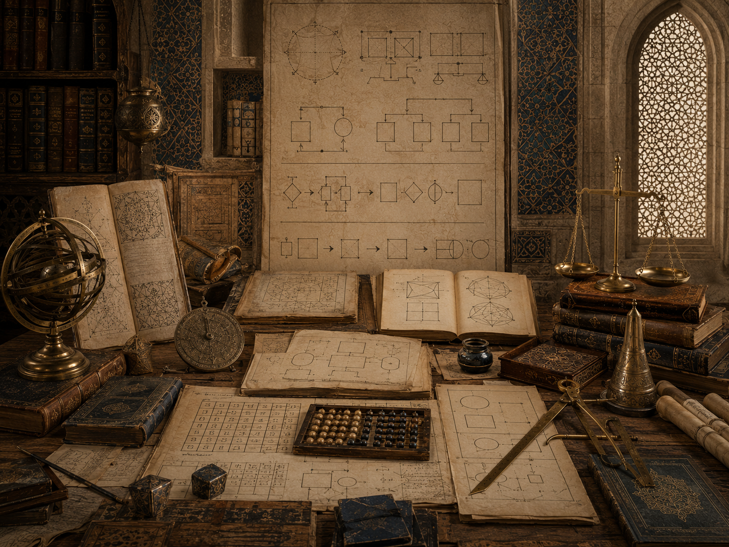 A restrained scholarly illustration of a medieval Islamic study with geometric diagrams, unknown quantities, balancing structures, manuscripts, calculation tables, astronomical instruments, books, and symbolic tools representing variables and Islamic mathematical philosophy.