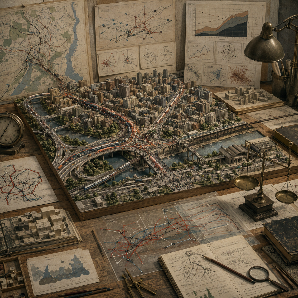 Archival urban planning workspace with a detailed city model, congested roads, rail lines, bridges, rivers, network maps, capacity charts, notebooks, balances, and drafting tools representing urban dynamics and congestion.