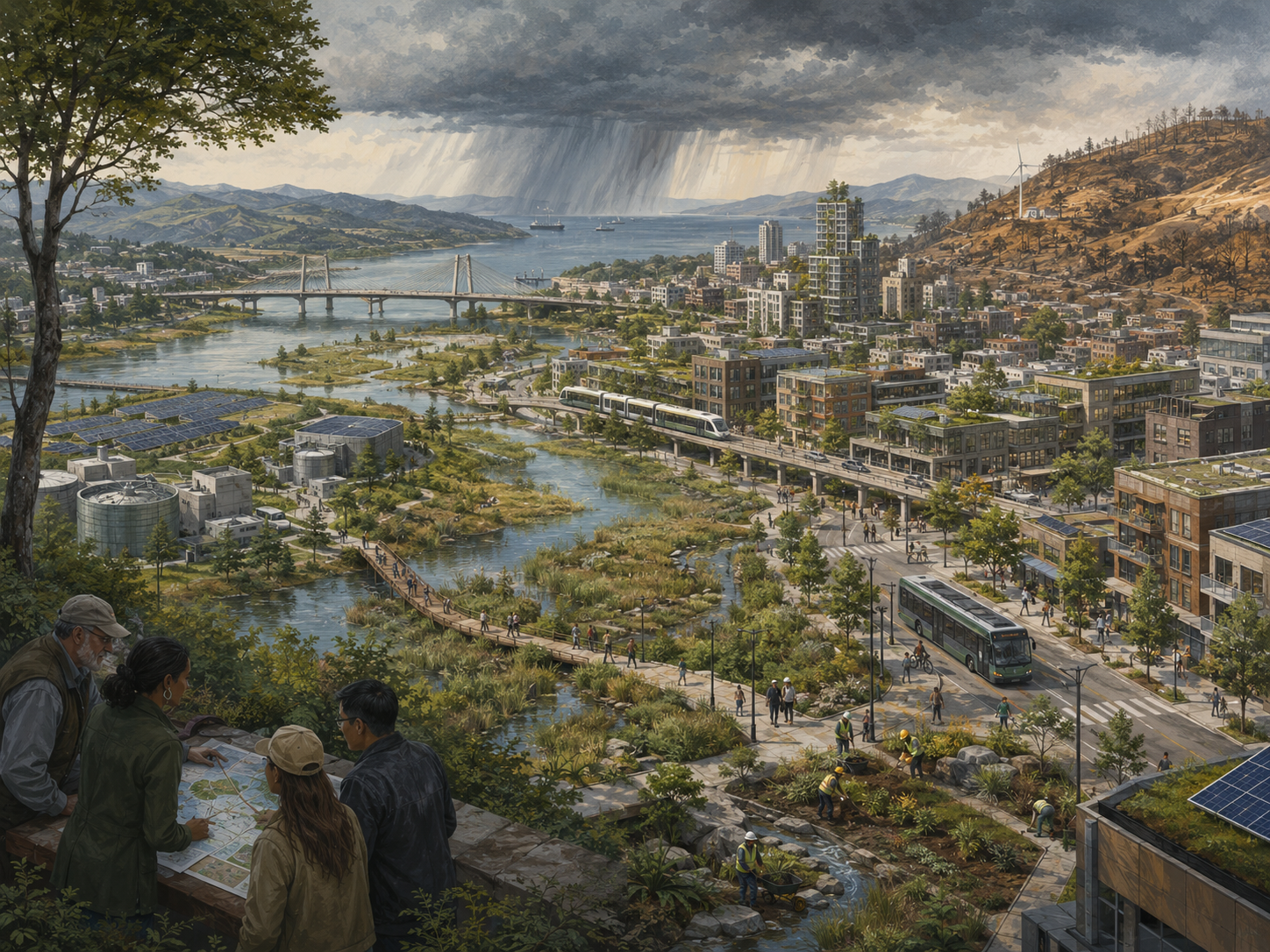 Panoramic illustration of a resilient coastal city with wetlands, transit, green roofs, solar energy, bridges, water infrastructure, storm clouds, burned hillsides, and planners reviewing maps.