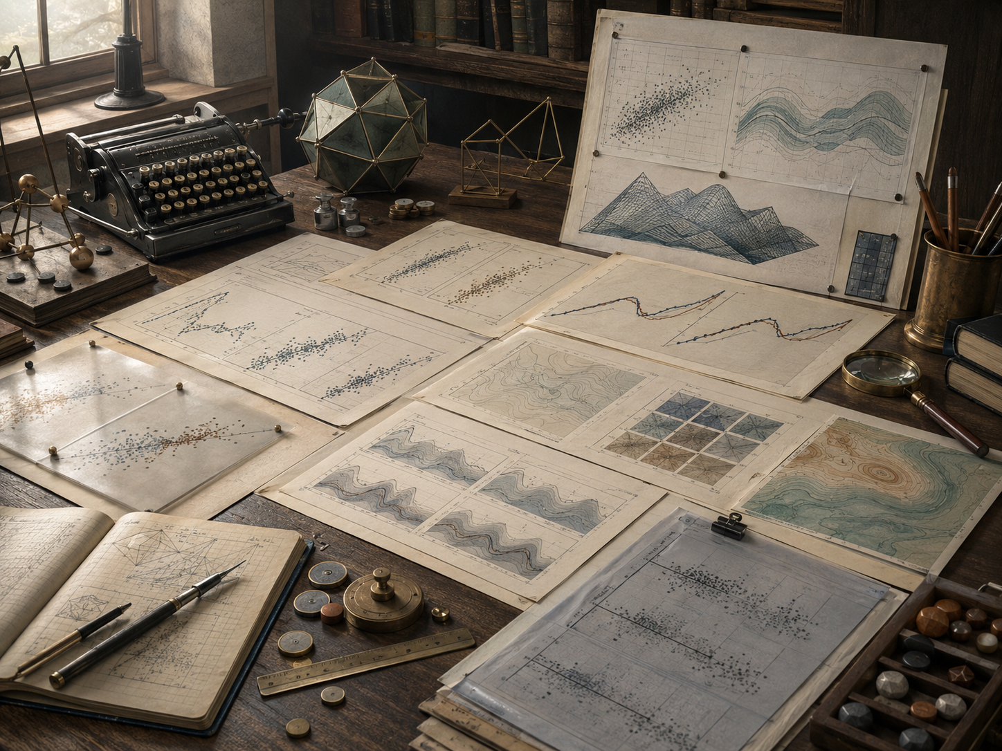 Editorial illustration of a scholarly modeling desk with observed-versus-modeled data, residual patterns, uncertainty bands, comparison maps, validation plots, and analog research tools.