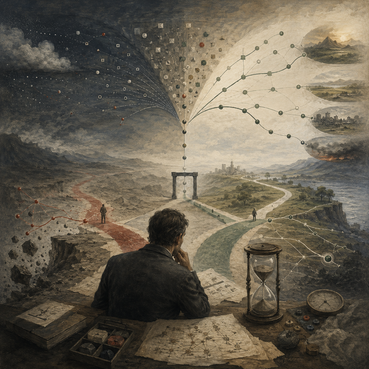 Painterly editorial illustration of value of information with branching decision paths, uncertain signals, timing symbols, evidence streams, future scenarios, and a reflective analyst deciding whether to act or wait.