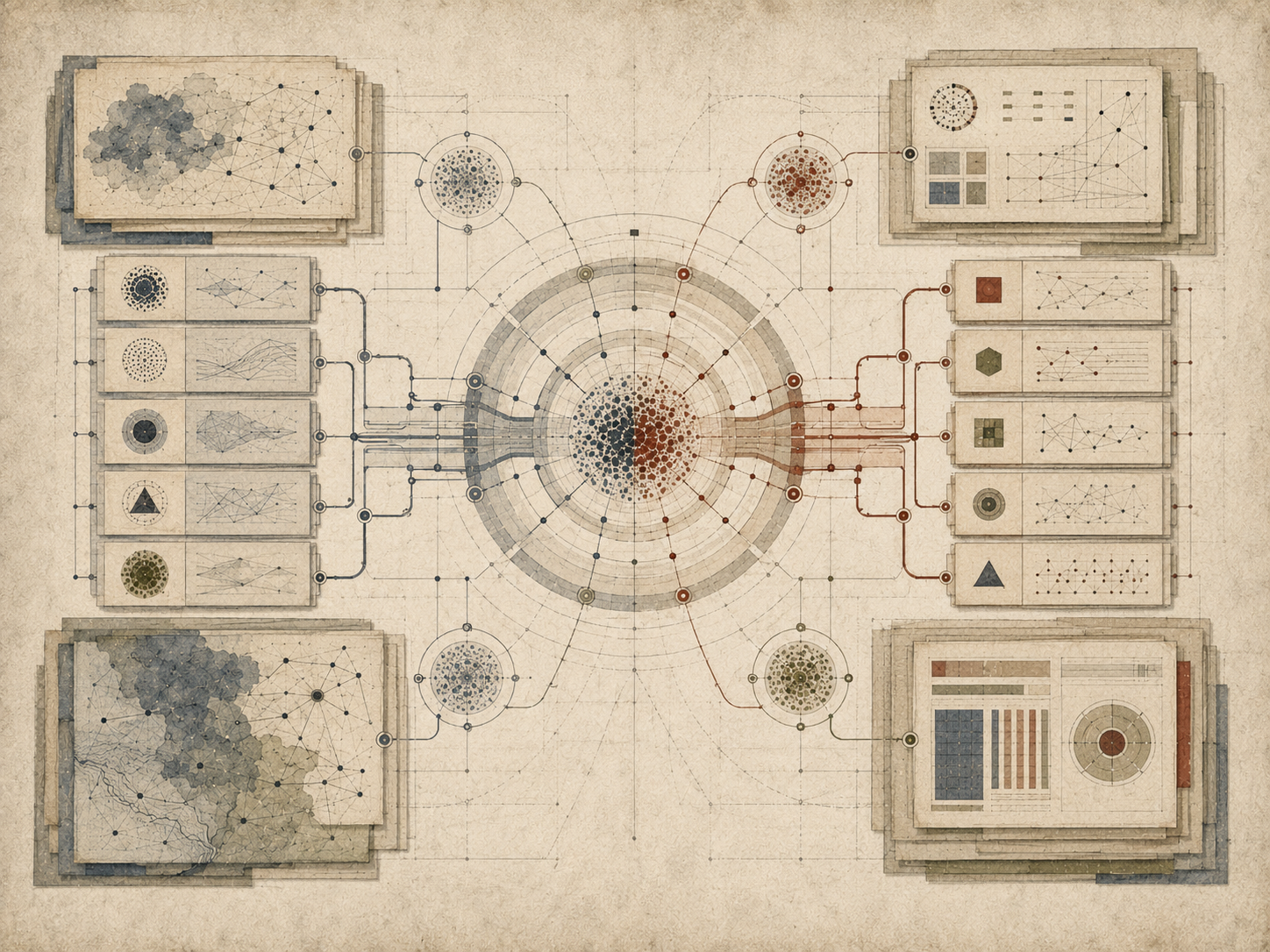 Abstract institutional illustration of connected audience-need maps, value structures, modular content panels, and network pathways representing value proposition communication.
