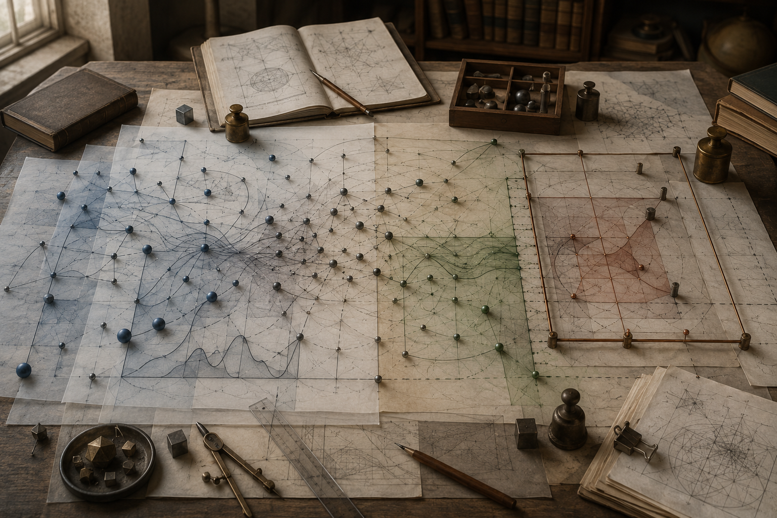 Editorial illustration of a scholarly modeling desk where changing variables, stable parameters, and bounded constraints are represented through layered diagrams, nodes, frames, and drafting tools.