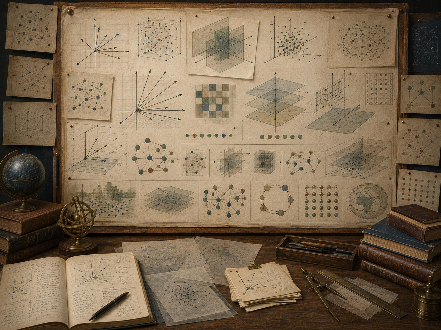 Vintage systems modeling workspace with vector-space diagrams, basis arrows, layered planes, point clouds, network structures, and projection sketches.
