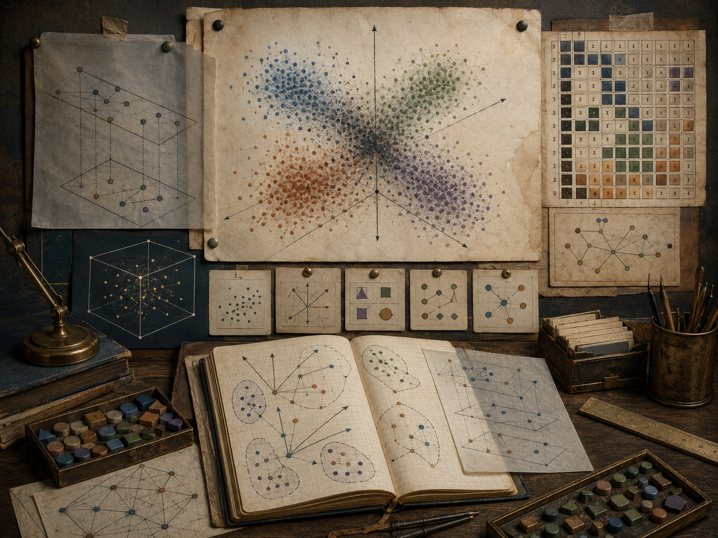 A restrained scholarly illustration of a vintage research desk with vector spaces, clustered points, dimensional axes, embedding maps, notebooks, symbolic tiles, and geometric diagrams representing computational meaning.