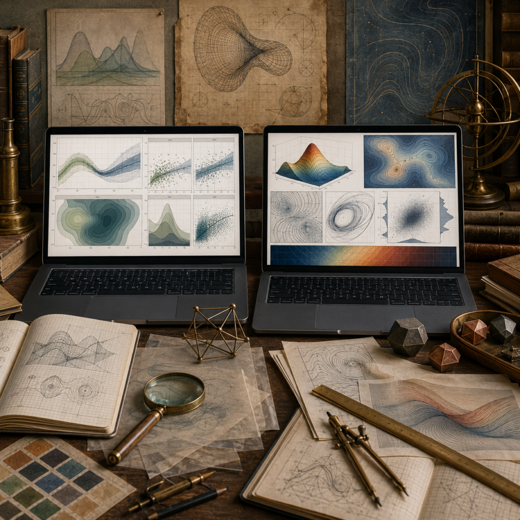 Scholarly computational workspace with two laptops showing continuous model visualizations, contour maps, surface plots, density fields, curve families, notebooks, brass tools, and drafting materials without labels or readable text.
