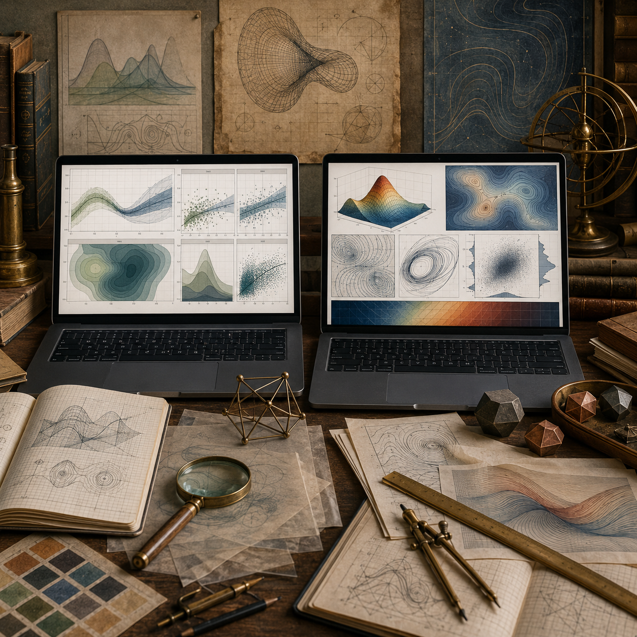 Scholarly computational workspace with two laptops showing continuous model visualizations, contour maps, surface plots, density fields, curve families, notebooks, brass tools, and drafting materials without labels or readable text.