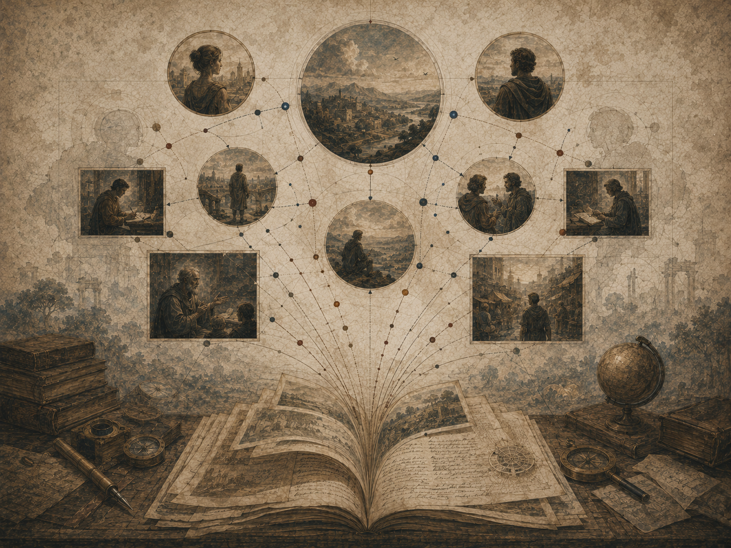 Editorial illustration of an open manuscript branching into multiple framed perspectives, observers, writers, landscapes, and connected viewpoint pathways.