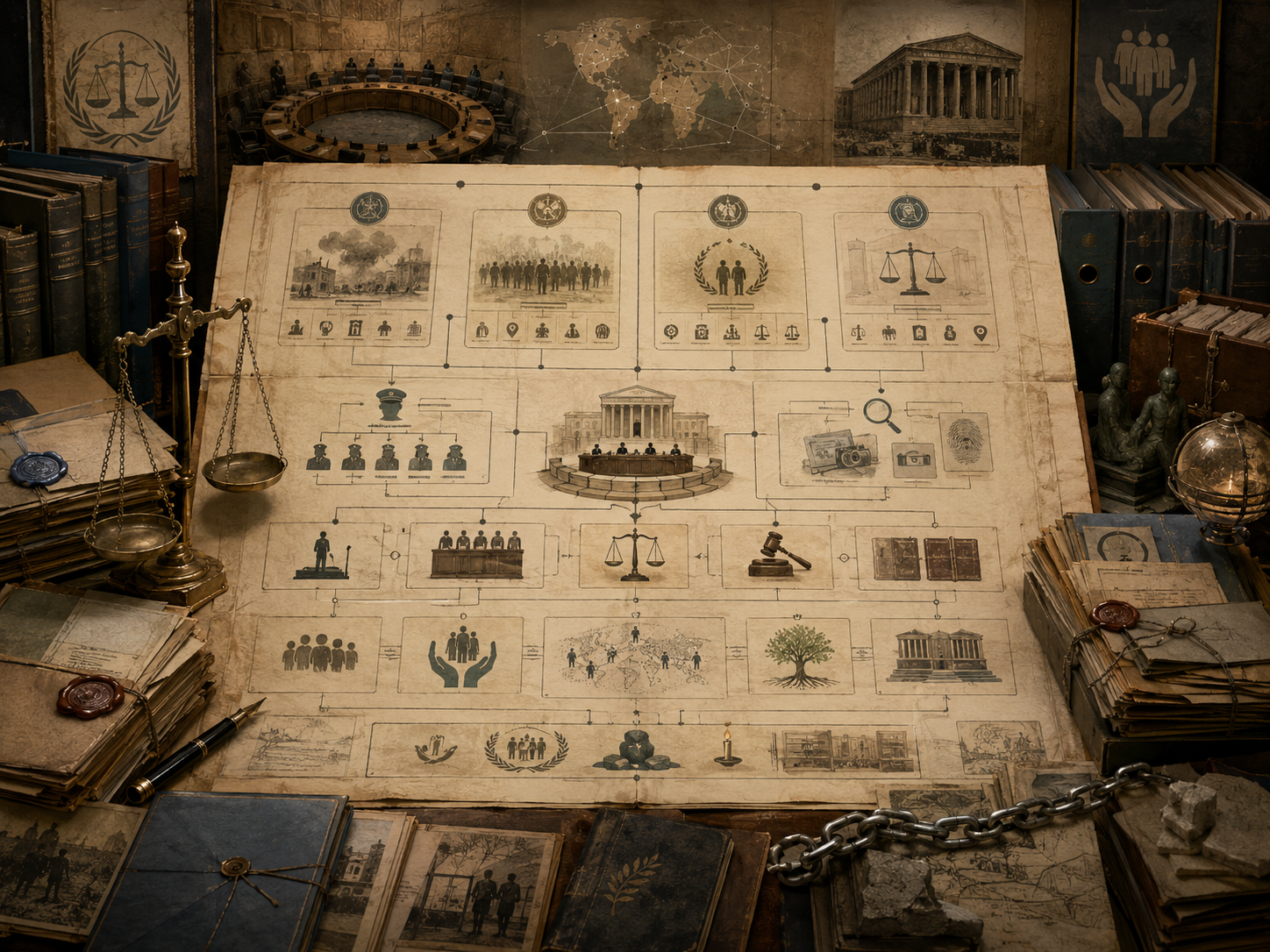 Scholarly illustration of an international criminal law archive with tribunal diagrams, evidence files, command-responsibility charts, witness records, scales, legal volumes, sealed documents, and accountability pathways.