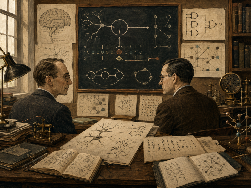Scholarly editorial illustration of Warren McCulloch, Walter Pitts, and neural logic, showing two early computing researchers in a vintage academic study surrounded by threshold-neuron diagrams, Boolean logic pathways, neural-network sketches, automata-like state transitions, cybernetic feedback loops, symbolic logic marks, archival papers, and mid-century scientific instruments.