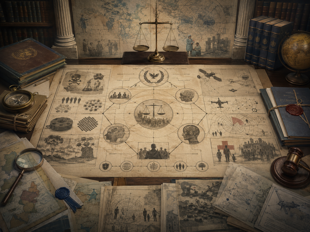 Scholarly illustration of a weapons-law review dossier with arms-control diagrams, prohibited-weapons symbols, emerging military technology schematics, humanitarian indicators, scales, treaty files, maps, and legal oversight materials.