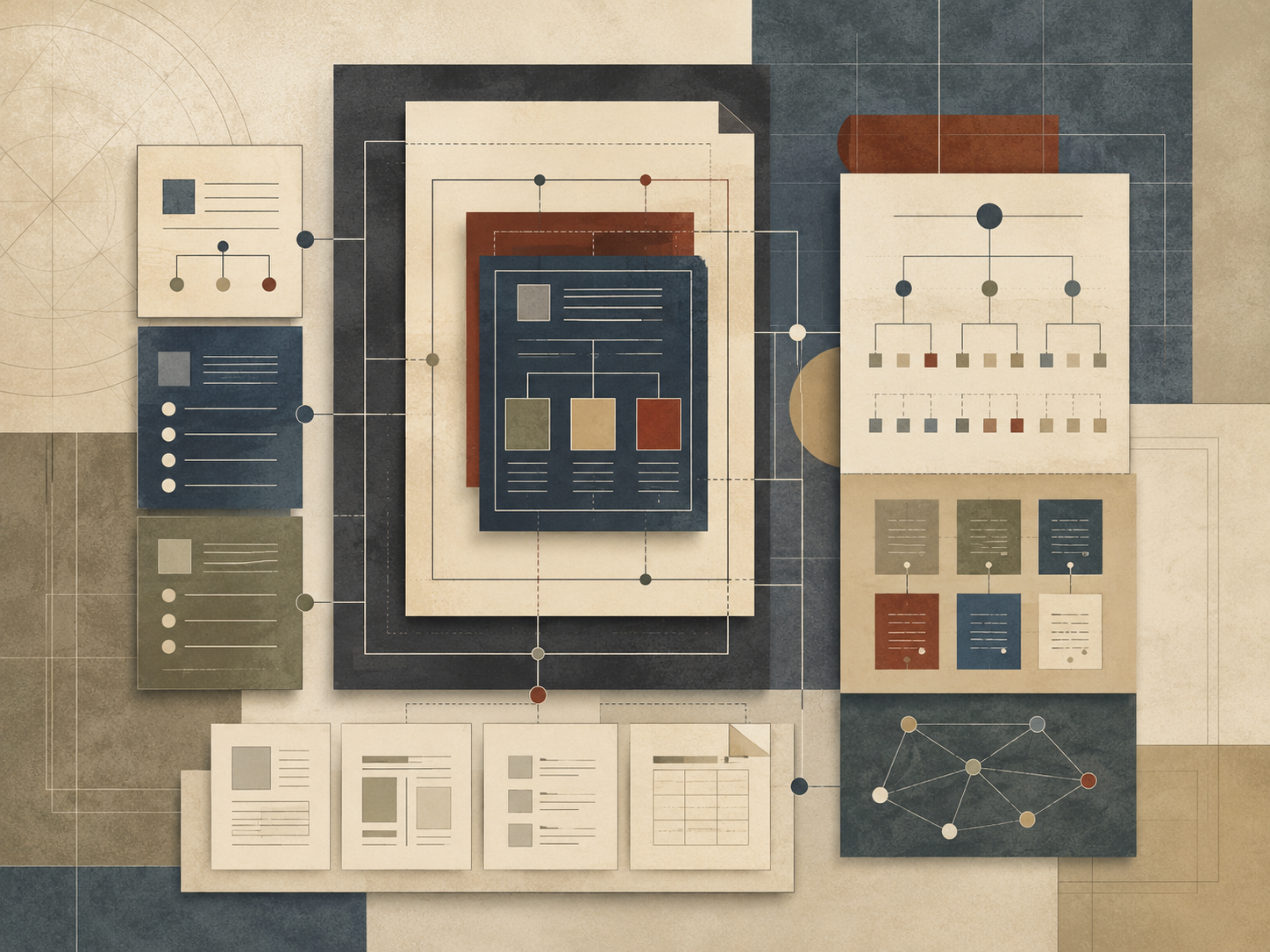 Abstract editorial illustration of layered documents, modular panels, hierarchy charts, and connecting lines representing content frameworks and structured knowledge organization.