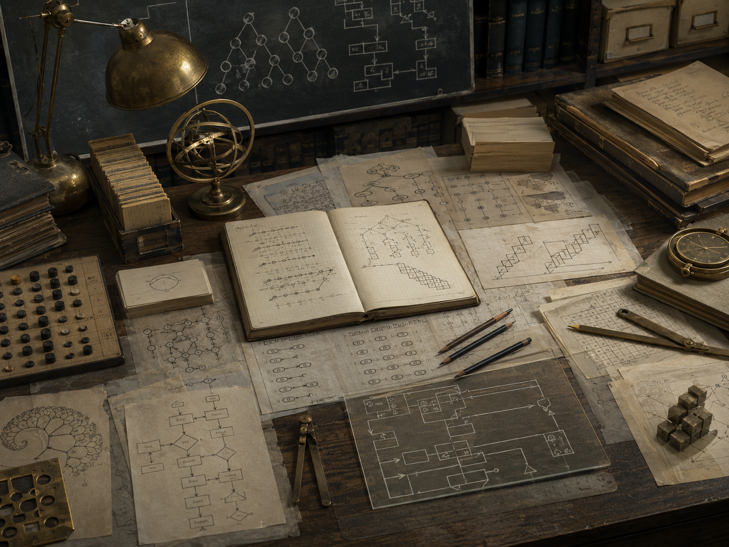 A restrained scholarly illustration of a worn institutional table covered with notebooks, diagrams, graph networks, flowcharts, index cards, drafting tools, and archival papers representing algorithms and computational reasoning.