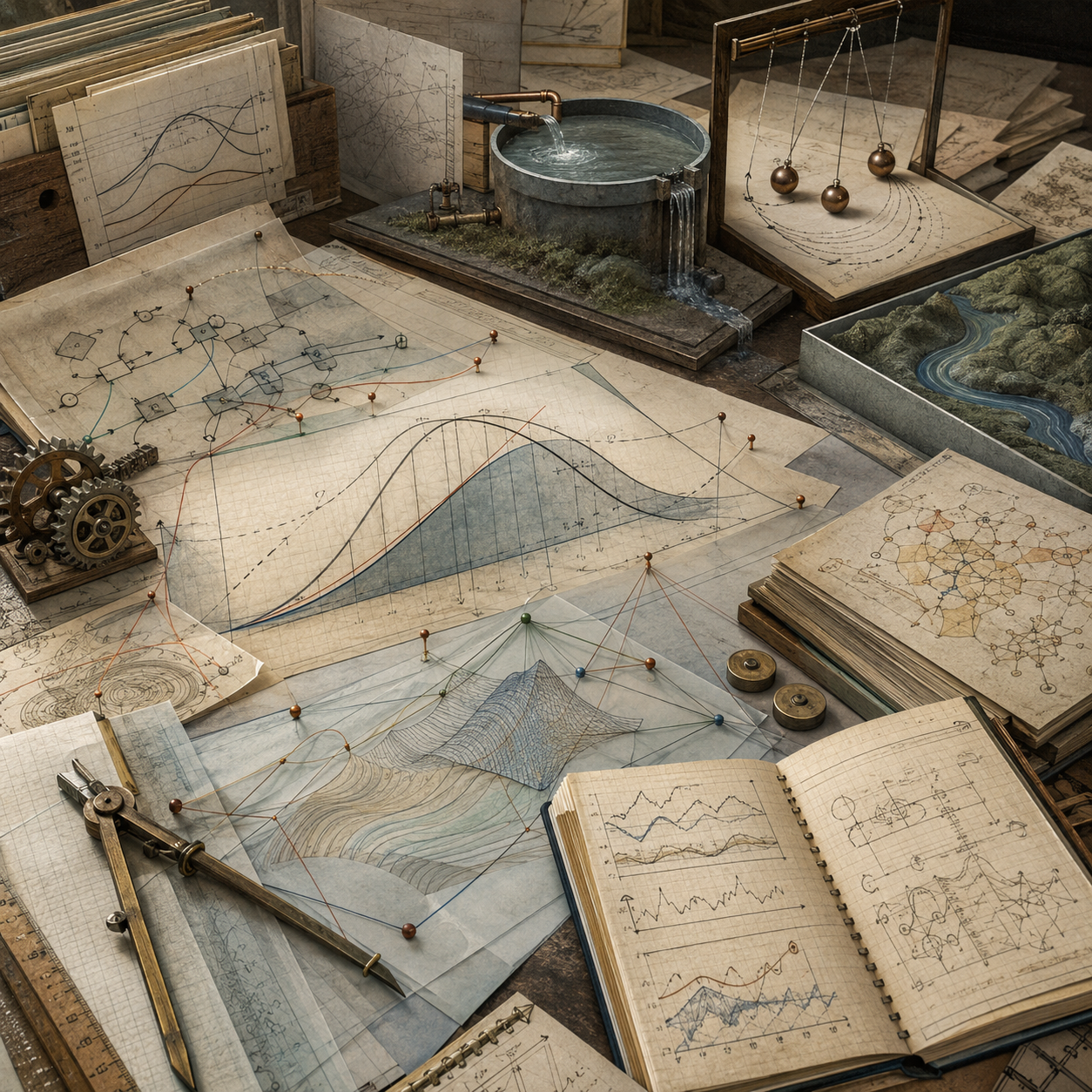 Scholarly worktable with layered diagrams, curves, flow models, gears, a water reservoir, pendulum traces, and notebooks representing calculus as a tool for understanding system change over time.