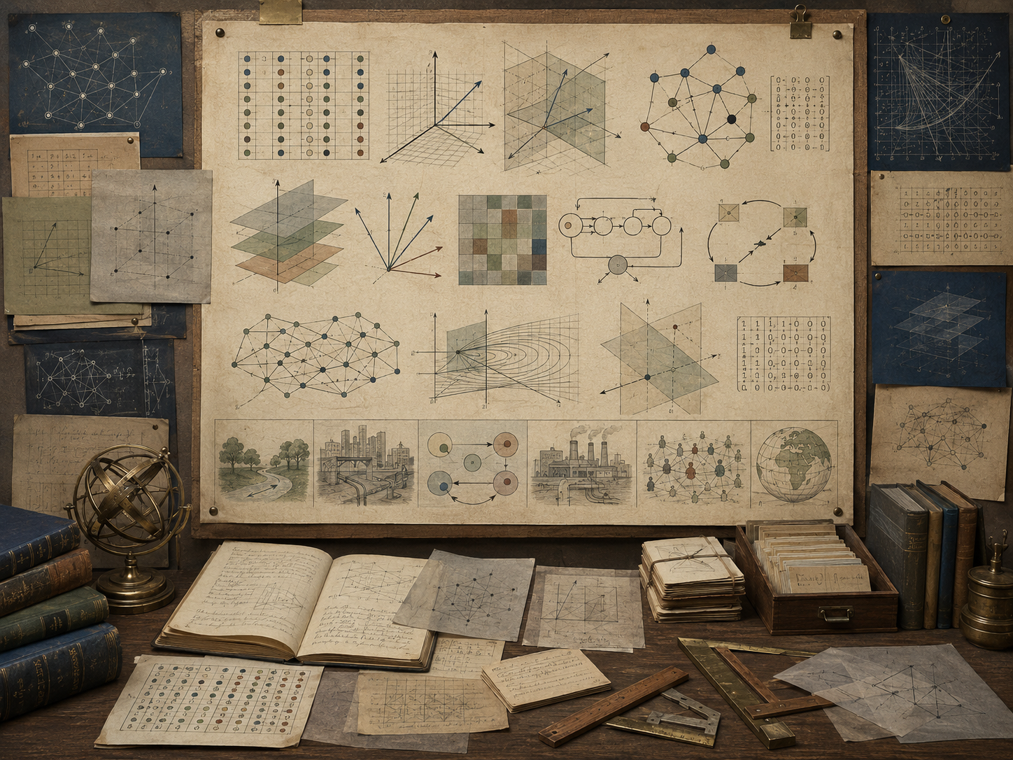 Scholarly archival workspace with matrices, vector diagrams, networks, transformation grids, and systems modeling schematics on parchment and chalkboard surfaces.