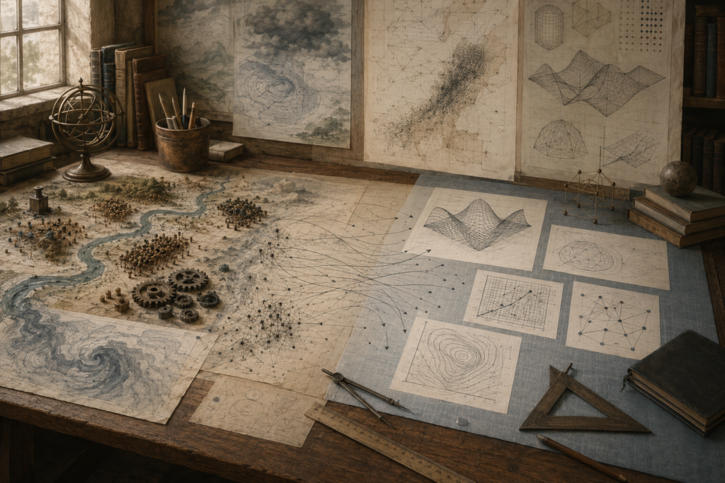 Editorial illustration of a scholarly worktable where messy real-world systems are translated into abstract mathematical models through maps, graphs, networks, curves, and geometric diagrams.