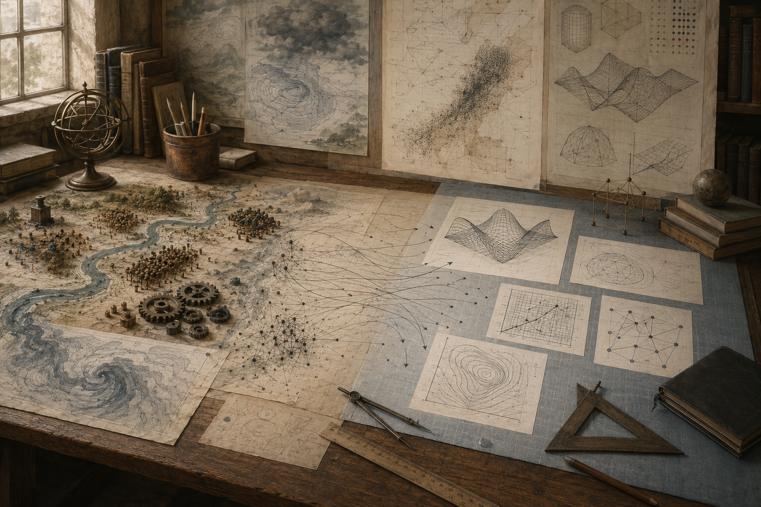 Editorial illustration of a scholarly worktable where messy real-world systems are translated into abstract mathematical models through maps, graphs, networks, curves, and geometric diagrams.