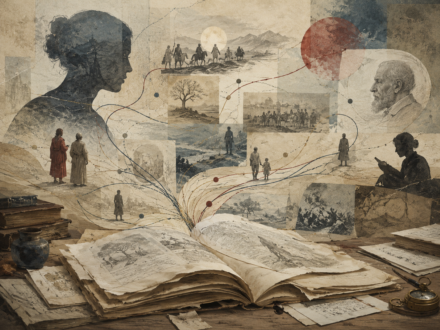 Editorial illustration of an open manuscript sending symbolic threads through layered scenes of memory, history, people, and ideas.