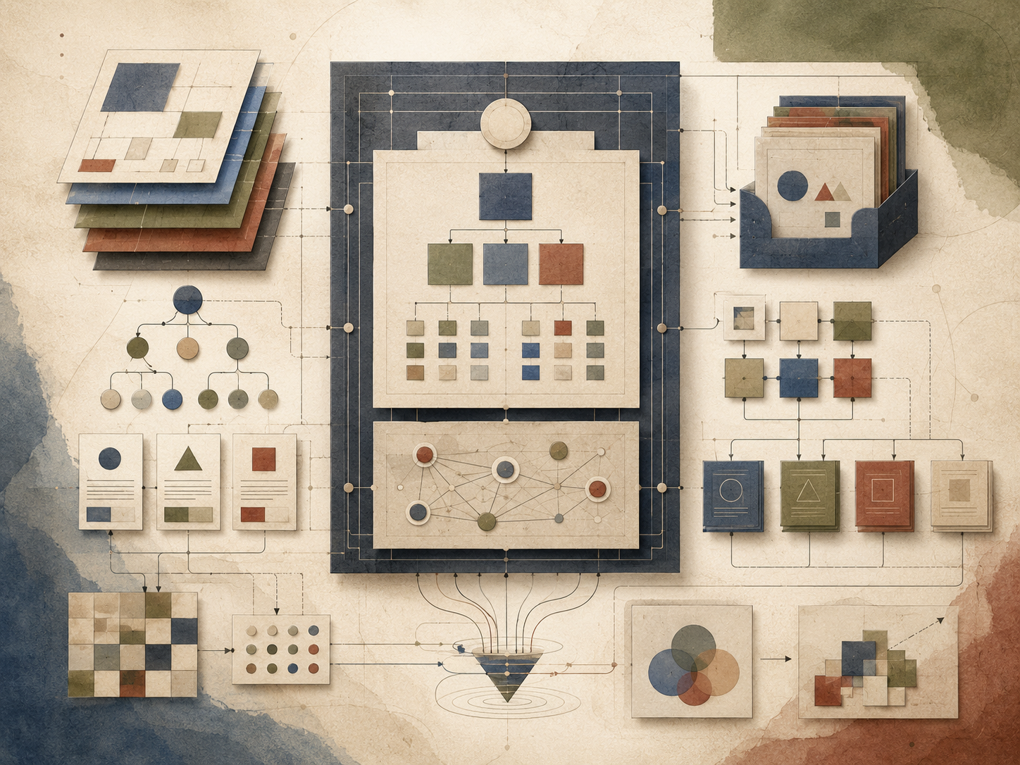 Abstract institutional illustration of layered documents, hierarchy diagrams, modular cards, grids, and connecting lines representing the structure of a powerful content framework.