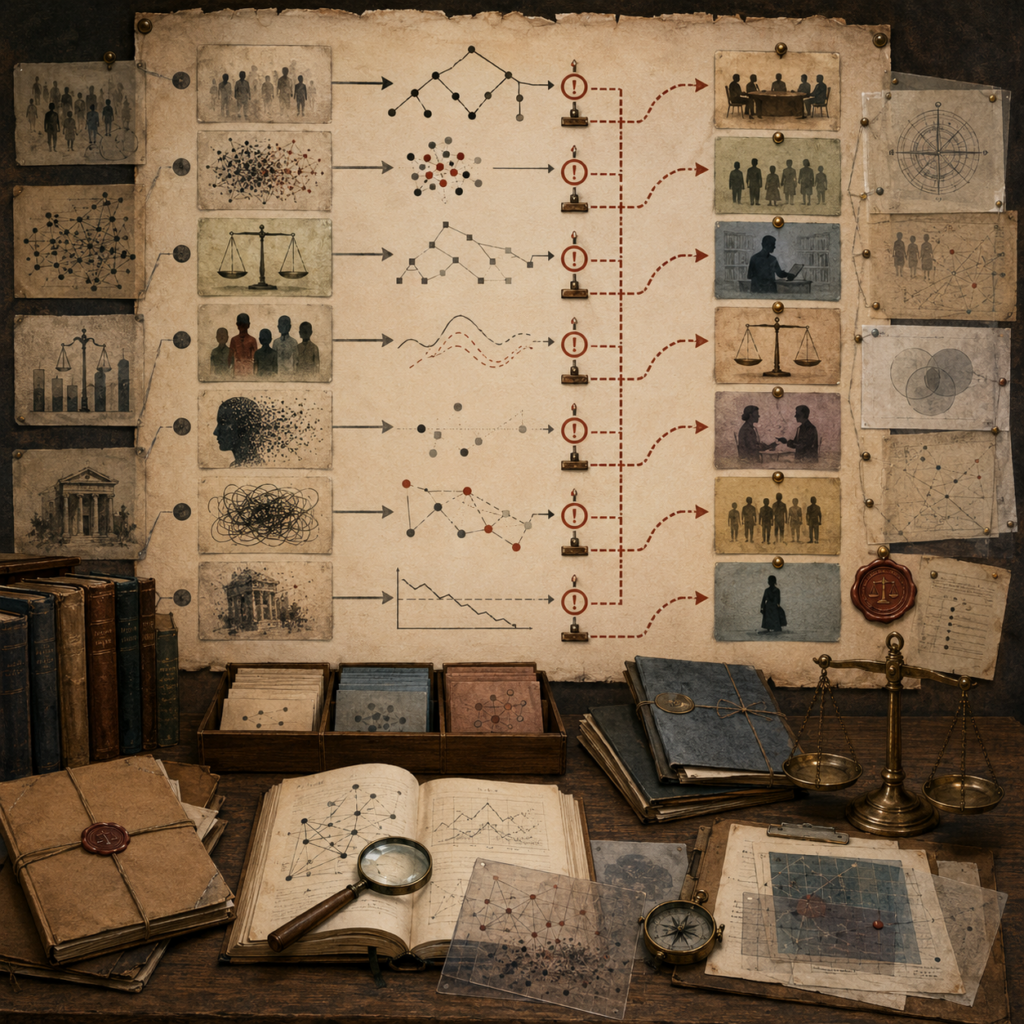 A restrained scholarly illustration of an ethics review workspace with stopped computational pathways, caution markers, human-context panels, balance scales, archival folders, notebooks, magnifying glass, and governance tools representing limits on algorithmic decision-making without readable text.