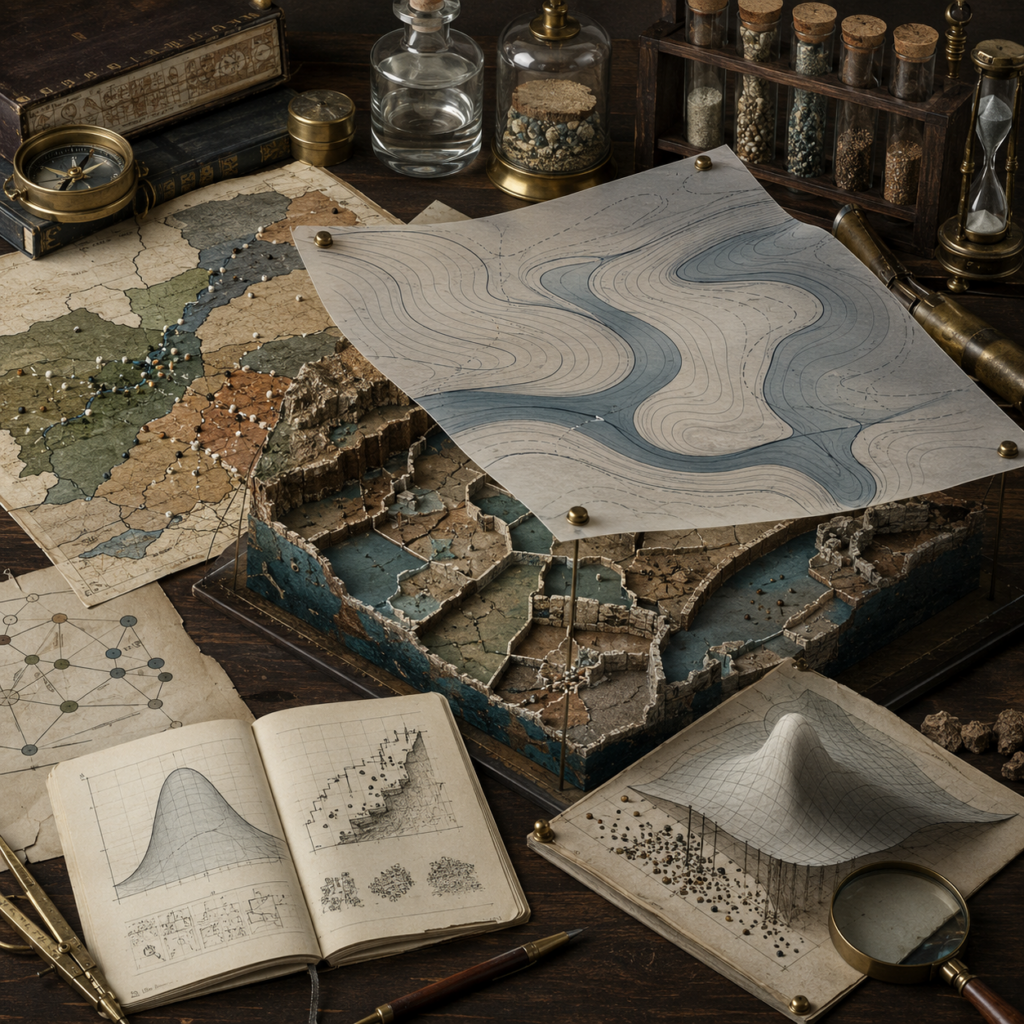 Archival modeling desk with smooth contour overlays suspended above cracked terrain, fragmented maps, scattered data points, notebooks, samples, and drafting tools representing the limits of continuous models without labels or text.