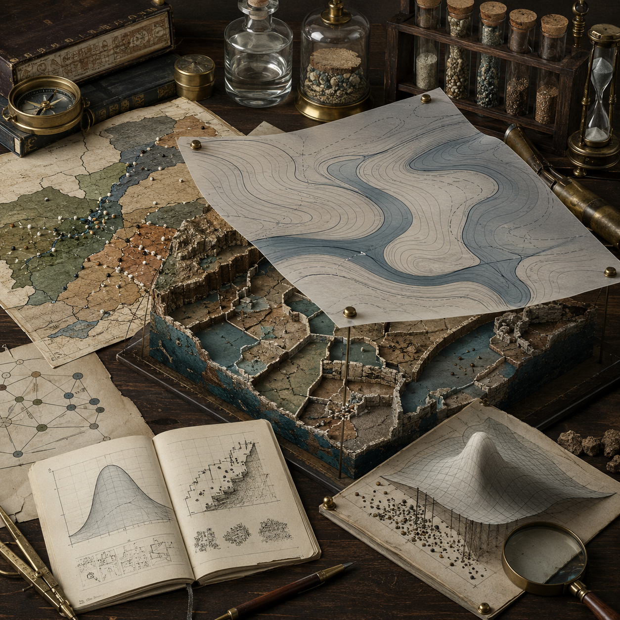 Archival modeling desk with smooth contour overlays suspended above cracked terrain, fragmented maps, scattered data points, notebooks, samples, and drafting tools representing the limits of continuous models without labels or text.