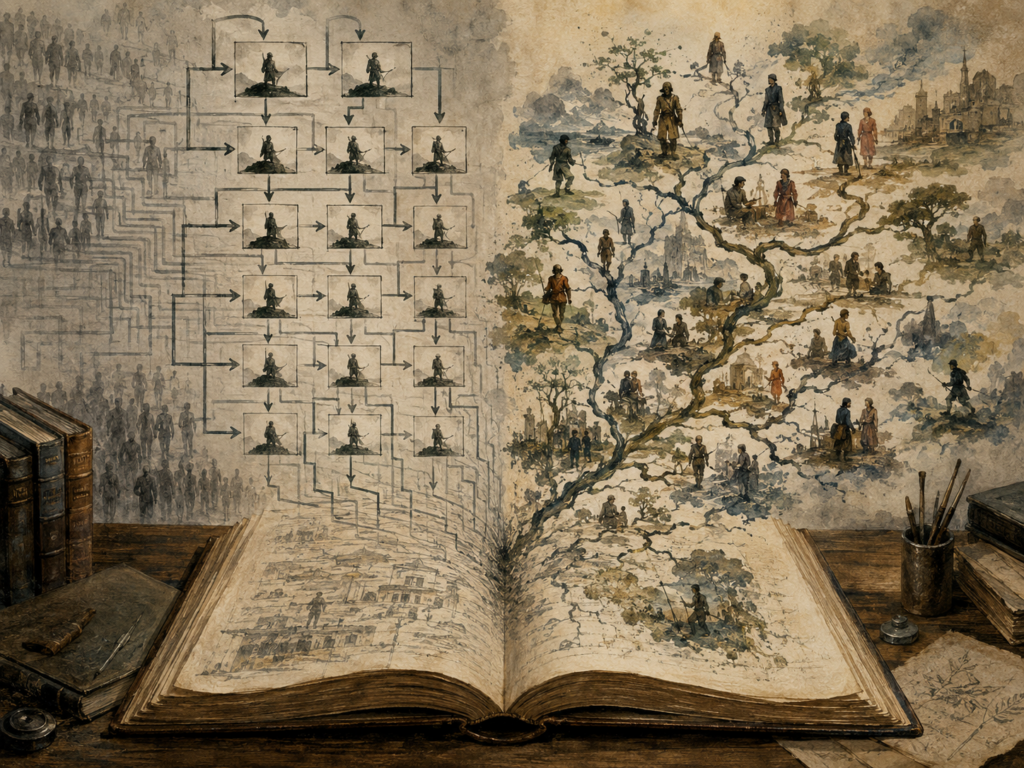 Editorial illustration of an open manuscript split between rigid formulaic story diagrams and organic branching narrative pathways.