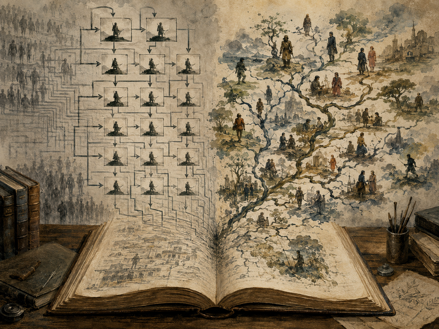 Editorial illustration of an open manuscript split between rigid formulaic story diagrams and organic branching narrative pathways.