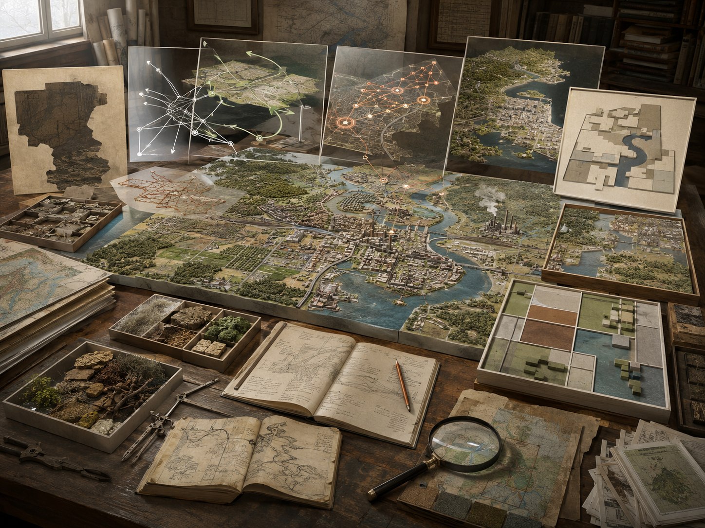 Comparative evidence table with a detailed regional model, clear analytical overlays, distorted abstraction panels, boundary cutouts, sample trays, maps, notebooks, and research tools.
