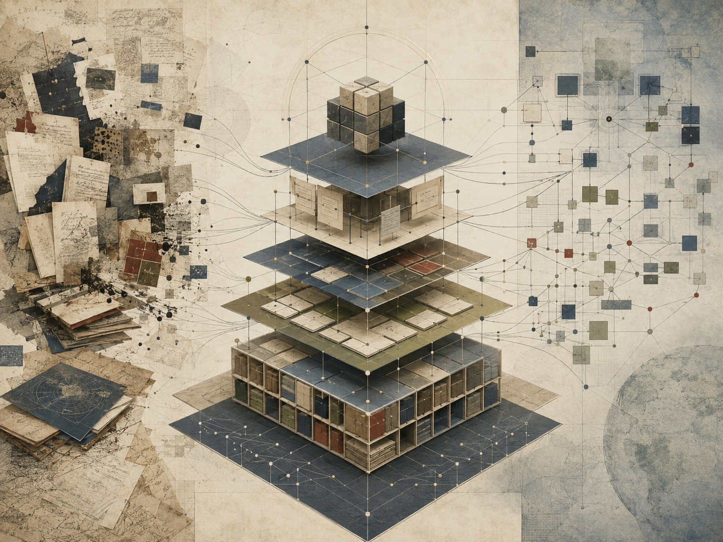 Abstract institutional illustration contrasting scattered information with a structured knowledge framework, showing layered documents, modular systems, archives, and connected knowledge networks.