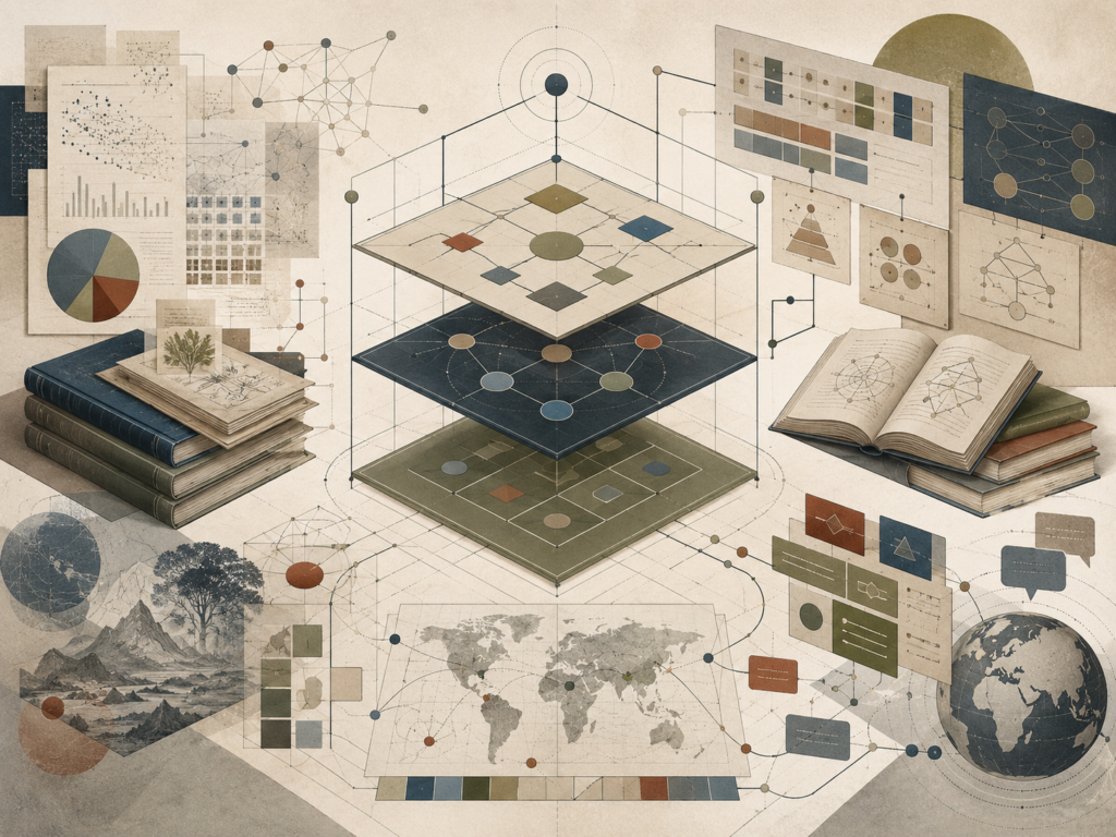 Abstract institutional illustration showing layered framework boards, research papers, books, charts, maps, and communication nodes connected through structured knowledge pathways.