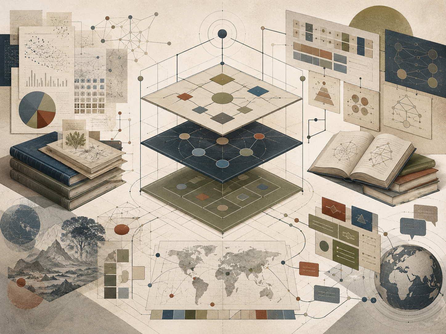 Abstract institutional illustration showing layered framework boards, research papers, books, charts, maps, and communication nodes connected through structured knowledge pathways.