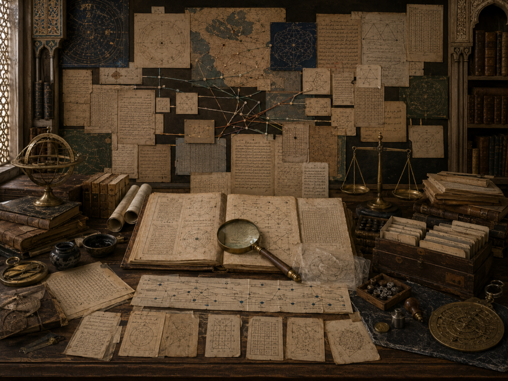 A restrained scholarly illustration of a historical research archive with layered manuscripts, maps, transmission routes, mathematical diagrams, astronomical instruments, balance scales, magnifying glass, and archival folders representing the careful interpretation of algorithmic origins.
