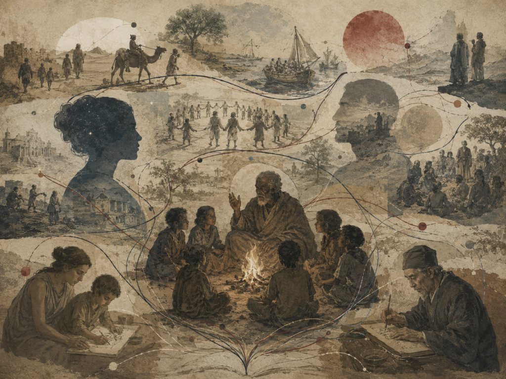 Editorial illustration of people across generations and cultures connected by symbolic threads of memory, teaching, ritual, travel, and shared meaning.