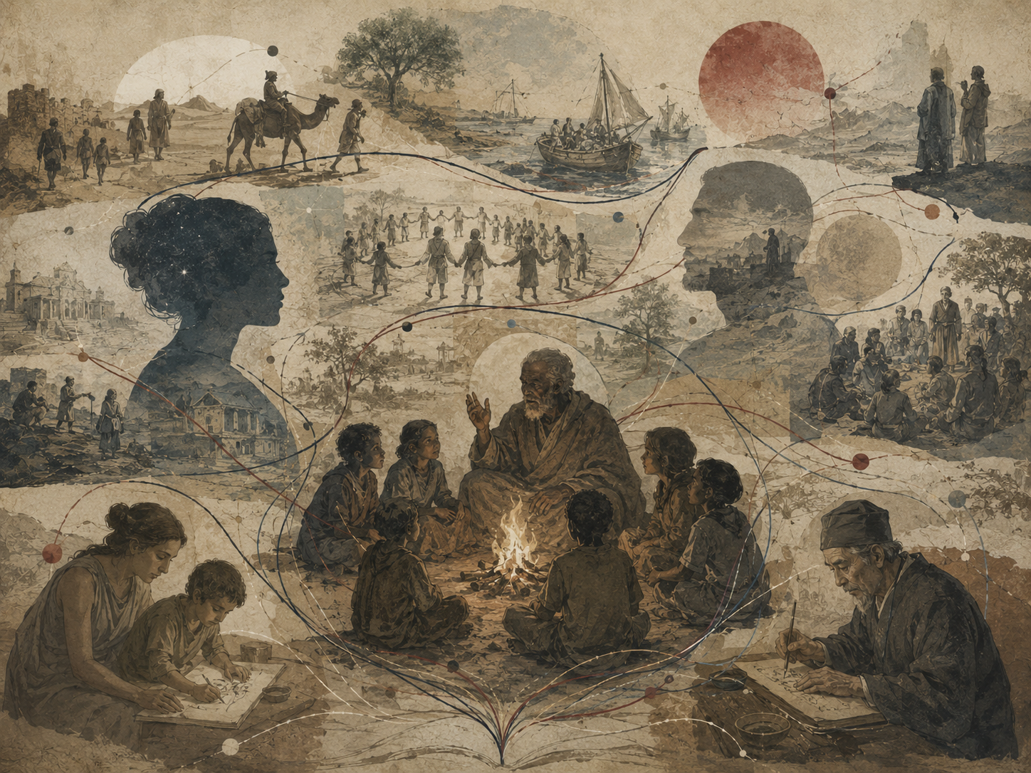 Editorial illustration of people across generations and cultures connected by symbolic threads of memory, teaching, ritual, travel, and shared meaning.