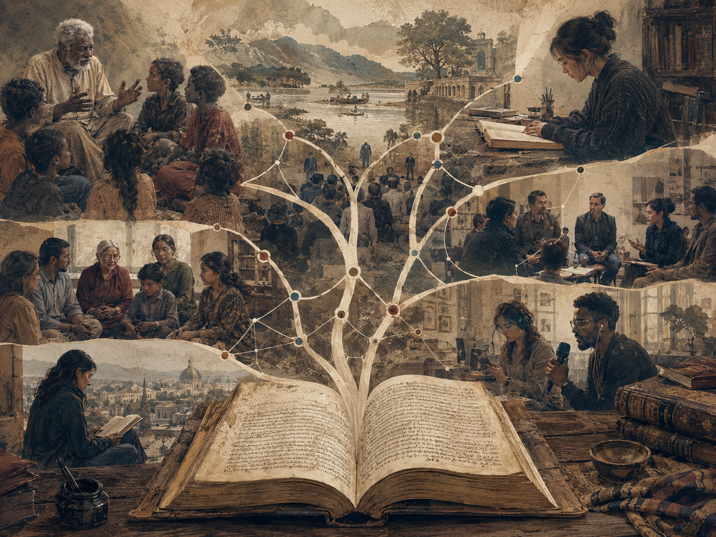 Editorial illustration of an open manuscript branching into scenes of oral storytelling, reading, community dialogue, public discussion, and digital storytelling.