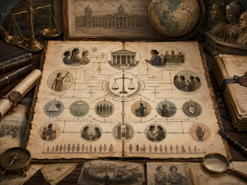 Scholarly illustration of a women’s rights legal archive with court chambers, scales, global maps, women’s portraits, education, health, public participation, protection pathways, sealed files, and legal records, with no labels or readable text.