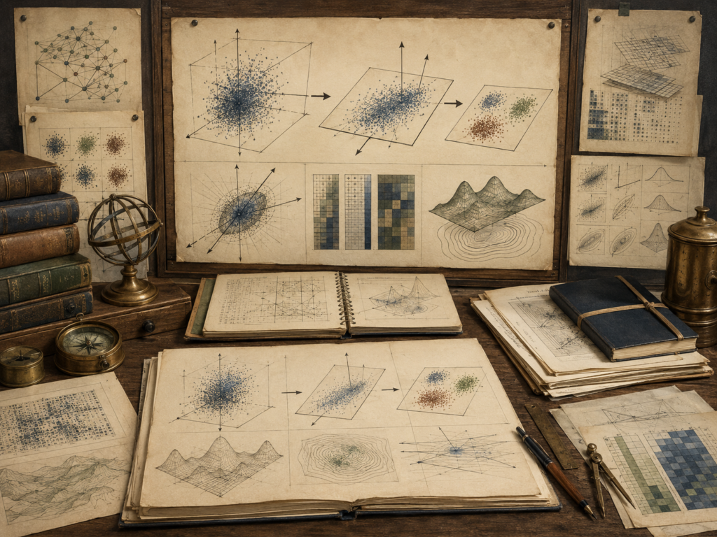 Vintage mathematical workspace with high-dimensional point clouds, projection planes, reduced clusters, matrix grids, surface plots, books, and drafting tools.